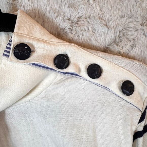 J Crew Sweater Size L Striped Navy Ivory Cotton Pullover Nautical Coastal Preppy - Picture 6 of 9